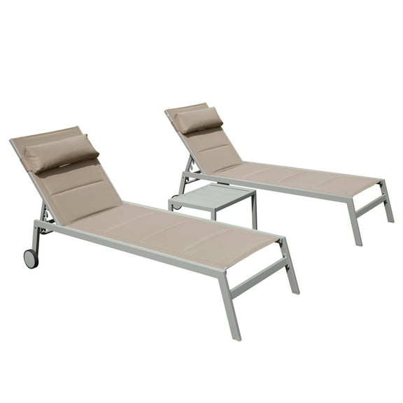 CoSoTower Outdoor Patio Chaise Lounge Set of 3, Aluminum Pool Lounge Chairs with Side Table and Wheels, Textilene Padded Adjustable Recliner All Weather for Poolside, Beach, Yard, Balcony (Khaki)