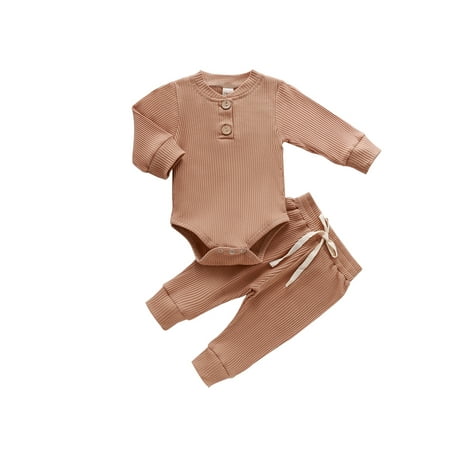 

Domingbub Newborn Baby Girls Boys Knited Cotton Long Sleeve Striped Romper+Pants Set Infant Clothes Outfits Set Coffee 6-12 Months