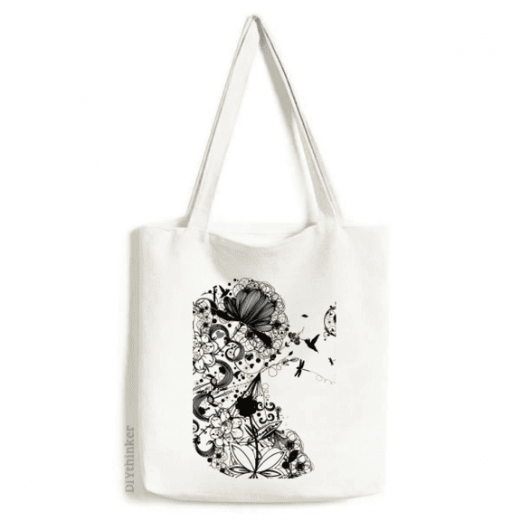 Flower s Black White Art Grain Outline Tote Canvas Bag Shopping Satchel Casual Handbag