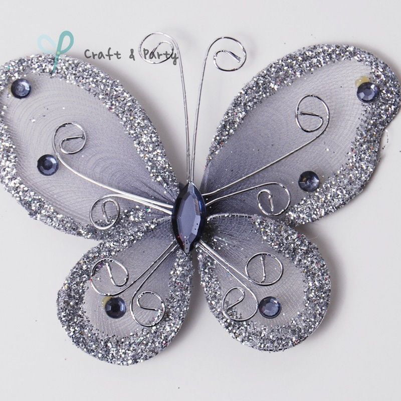 20pcs 2" organza nylon mesh butterfly with wire glitter rhinestones wedding Deco 
