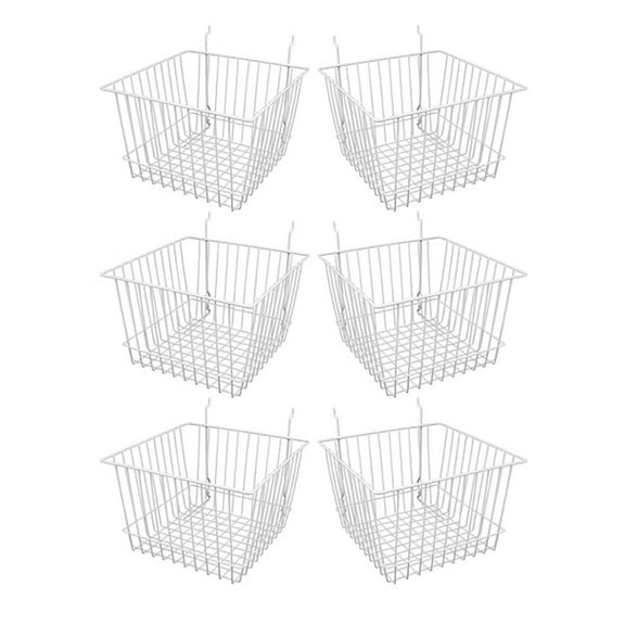 - White Multi-Fit 12” Deep Wire Basket for Slatwall, Pegboard or Gridwall (Set of 6) Metal Semi-Gloss Basket, White