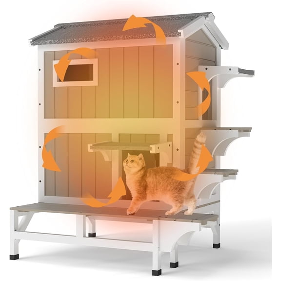 Petsblublu Insulated Outdoor Wooden Two Story Cat House Weatherproof Cats Shelter with 3 Jumping Platforms, Grey