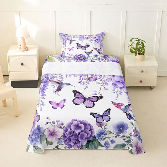 Erosebridal Puprle Buttefly Twin Sheet Sets for Girls, Hydrangea Flower Bedding, 1 Flat Sheet, 1 Fitted Sheet and 1 Pillowcase