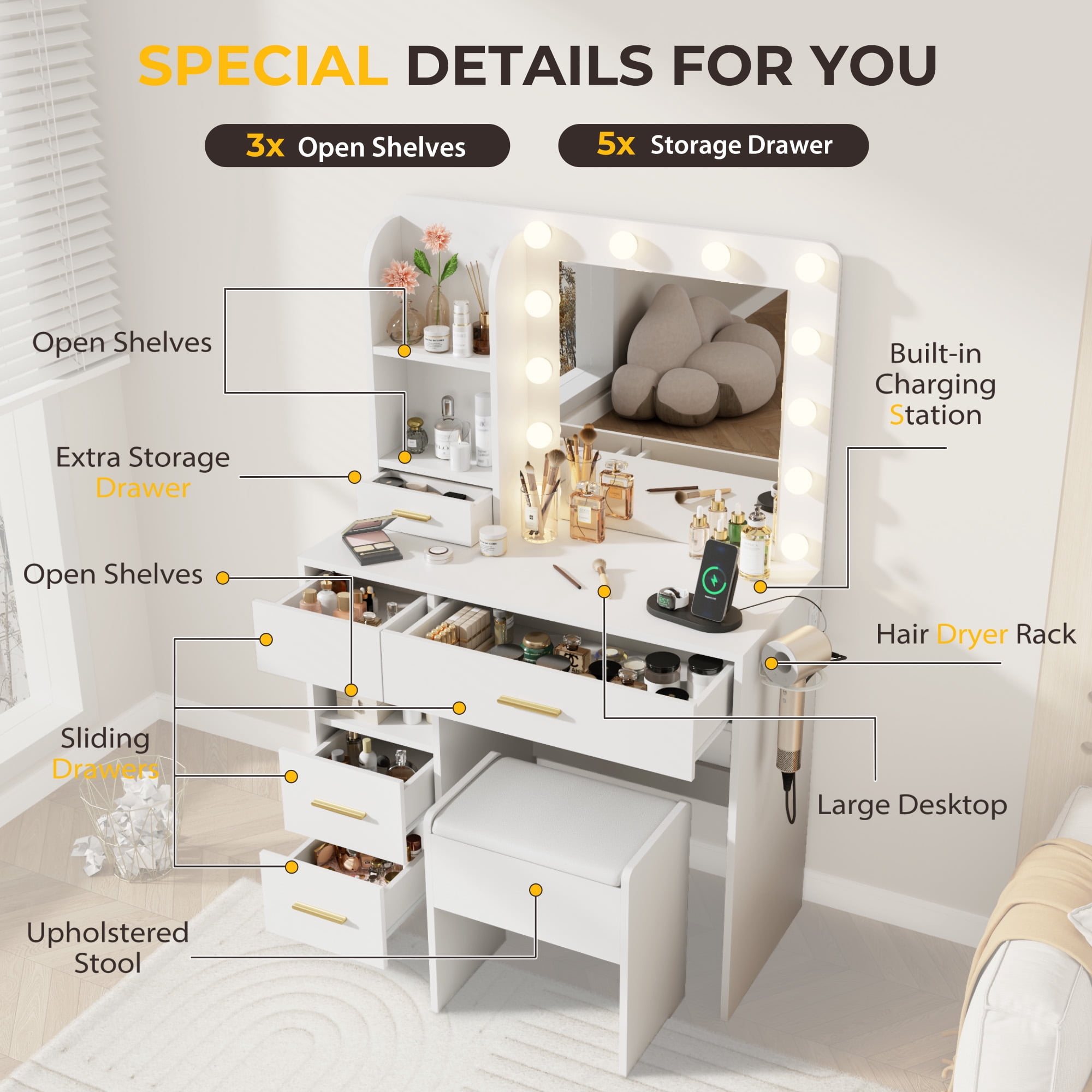 Furnivado Vanity Desk with LED Lighted Mirror, 3 Adjustable Lighting Makeup Vanity Desk with 3 Storage Shelves, 5 Large Drawers and Storage Stool, Vanity with Power Outlet for Bedroom, White
