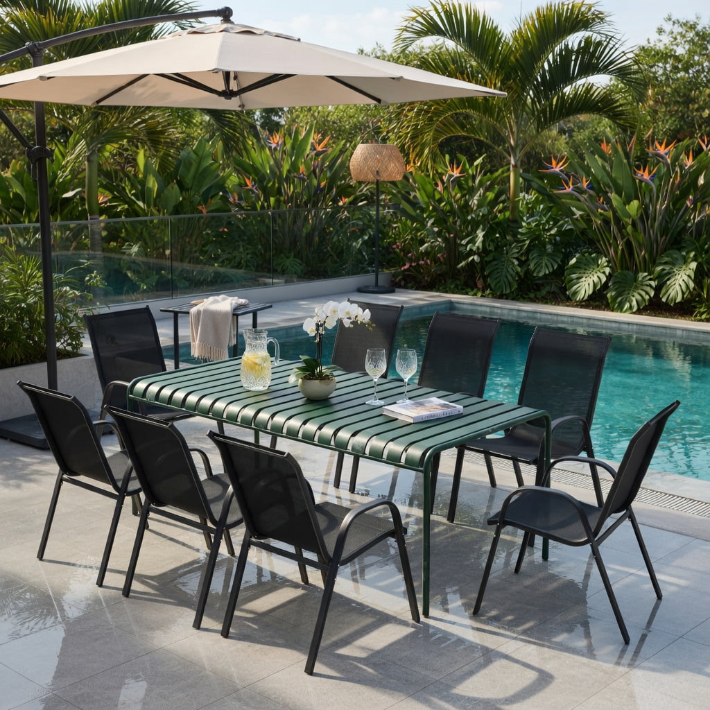 Hommoo 4-Pack Stackable Outdoor Dining Chairs with Armrests, Steel Frame, Ergonomic Design for Patio, Deck & Backyard, Black