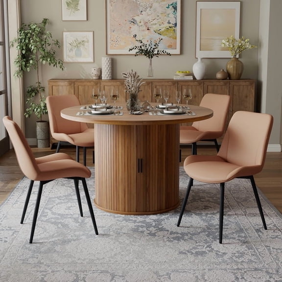 Hawsaiy 5-Piece Dining Table Set for 4, 47" Round Dining Table Set with 4 PU Leather Dining Chairs, Modern Farmhouse Table Set for Dining Room (Walnut Brown)