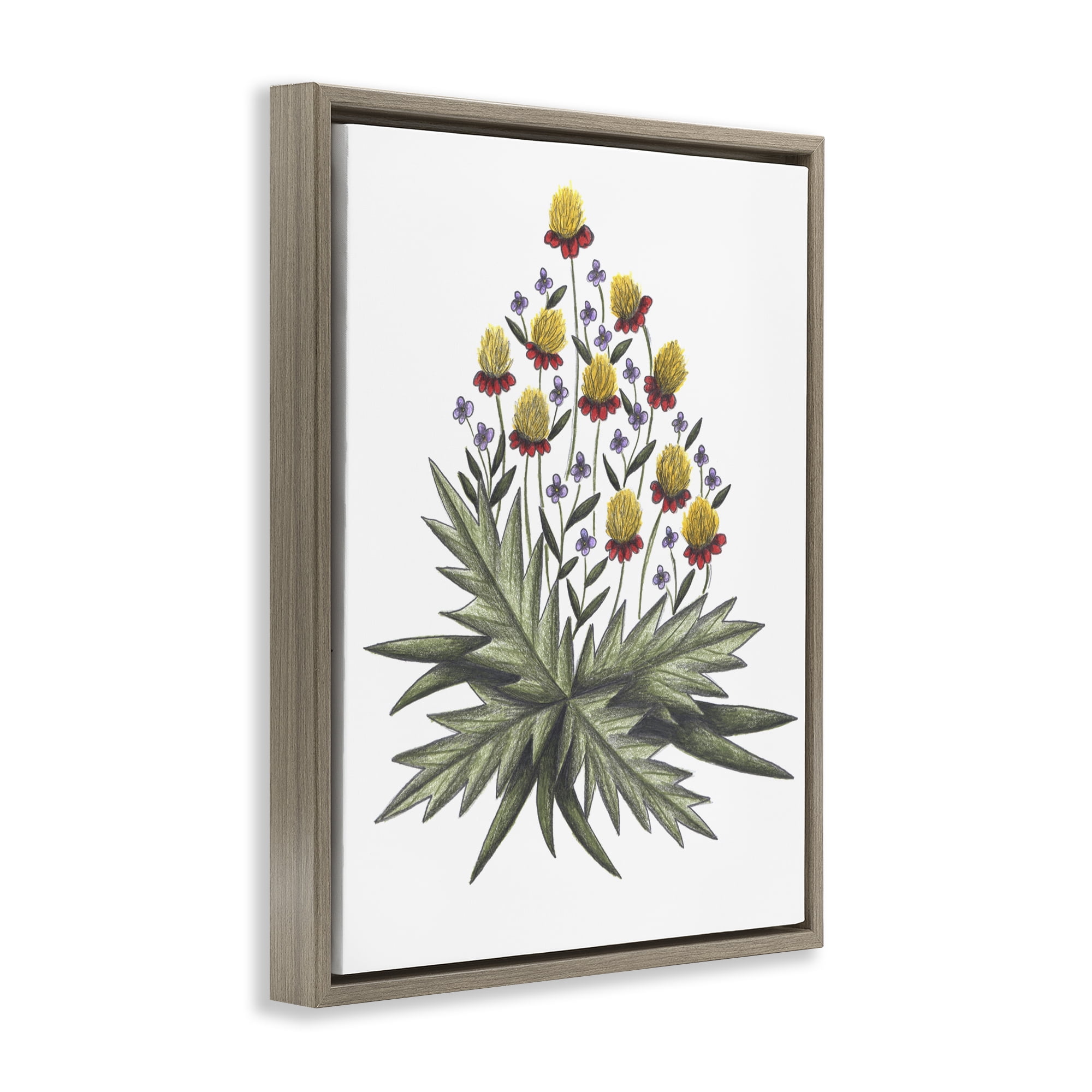 Yellow Leafy Wild Flowers Brown Framed Floater Canvas Wall Art, design by Cecilia Battaini