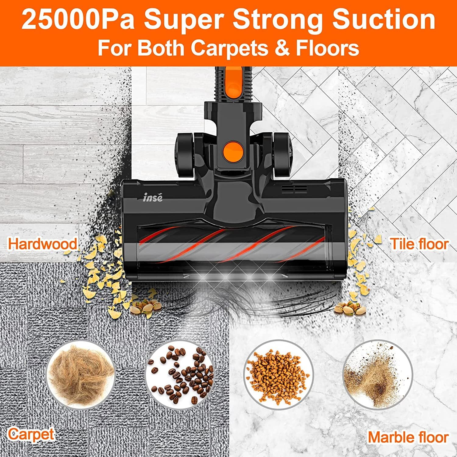 INSE Cordless Vacuum Cleaner,25Kpa Powerful Stick Vacuum,6-in-1 Rechargeable Vacuum with 2500mAh Battery Up to 45mins Runtime,300W Brushless Motor Cordless Vacuum for Pet Hair Hard Floor Carpet