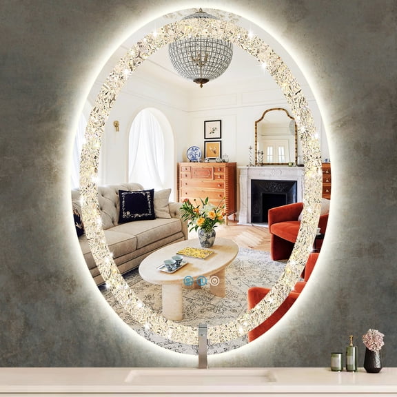 Crystal Oval LED Vanity 36" x 24" Mirror with Lights Smart Wall Mirror with 3Color Anti-Fog Dimmable Touch Memory Crystal Light FrontLit AntiFog 36 Inch Crystal Ovals Light up Mirrors