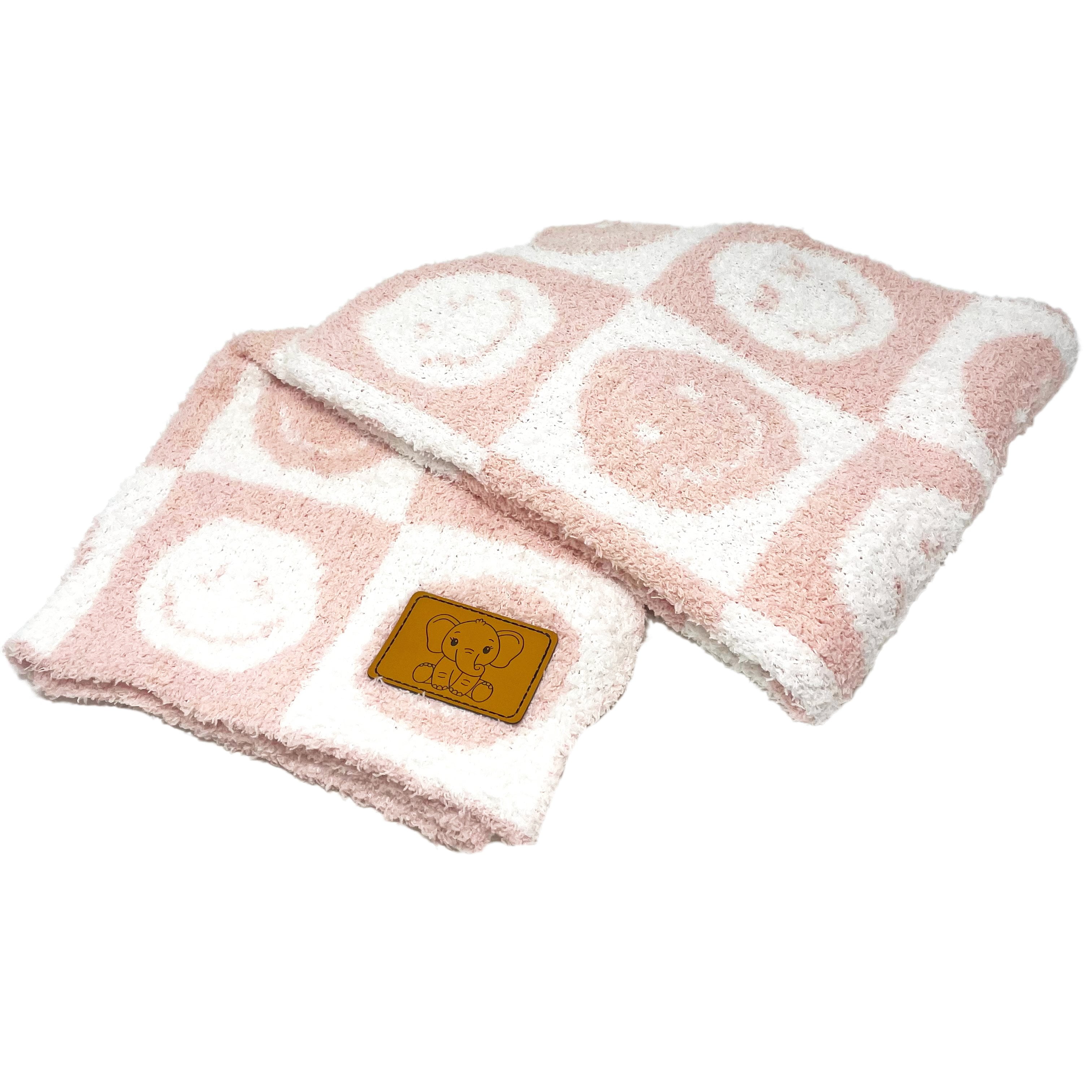 Checkered Smiley Face Baby Blanket 28"x40" with Leather Patch - Soft Knitted Throw - Receiving Blanket/Newborn Gift Pink/White
