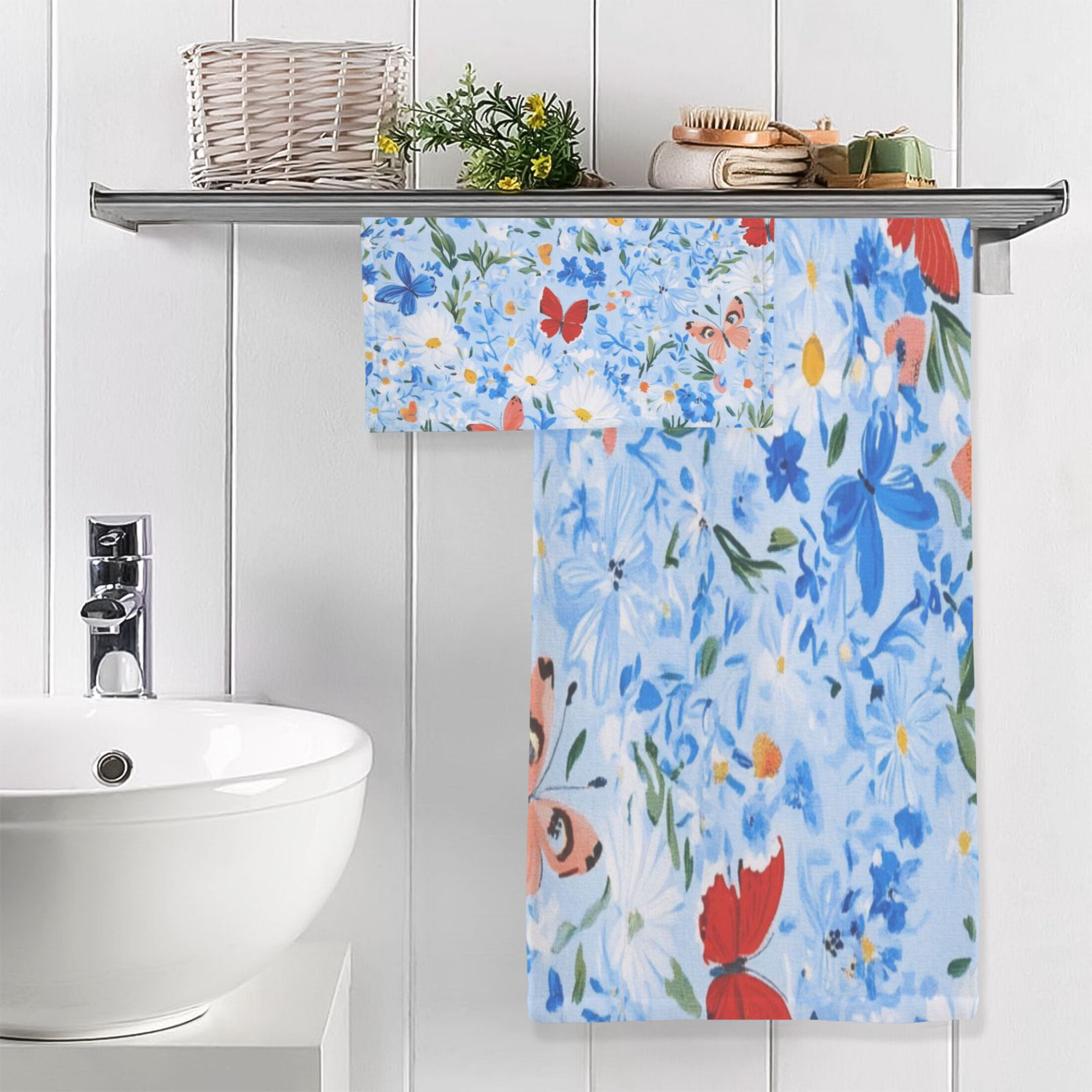 Navy Floral and Butterfly 2 Piece Cotton Bath and Face Towel Set Soft and Absorbent, for Beach Pool Bathroom