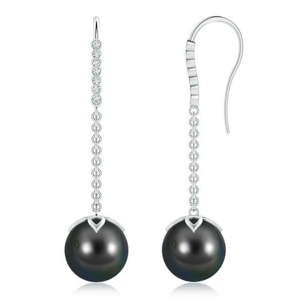 10mm Black Tahitian Pearl Earring - June Birthstone Earrings - Tahitian Cultured Pearl and Diamond Long Dangle Earrings in 14K White Gold (10mm Tahitian Cultured Pearl)- SE1194THPRD-WG-AA-10