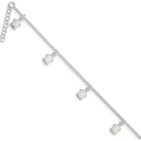 Sterling Silver Polished Turtle 9In Plus 1In Ext. Anklet Made In India qg3166-9