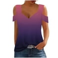 thumbnail image 1 of Plebaso Cold Shoulder Womens Gradient Tops V Neck Short Sleeve Blouses Loose Basic Tees Summer Casual Shirts, 1 of 5