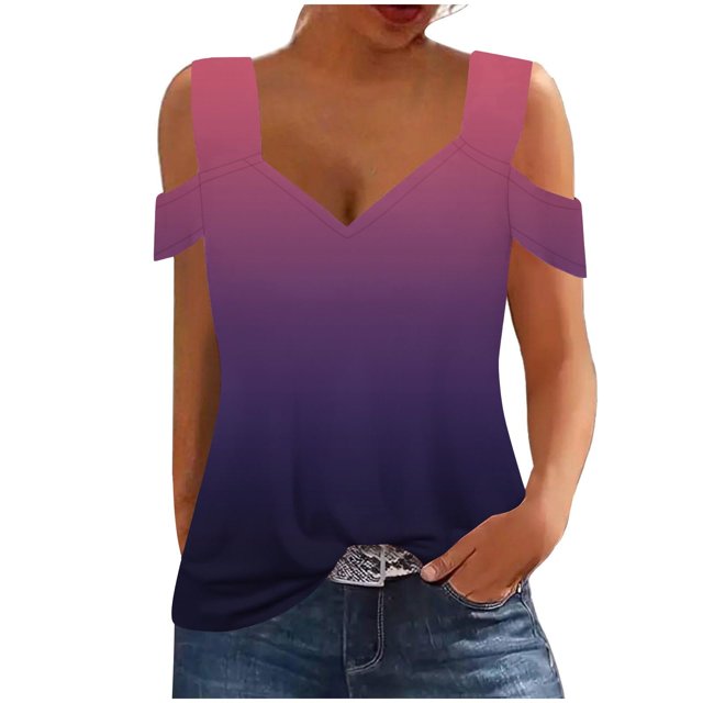 Plebaso Cold Shoulder Womens Gradient Tops V Neck Short Sleeve Blouses Loose Basic Tees Summer Casual Shirts