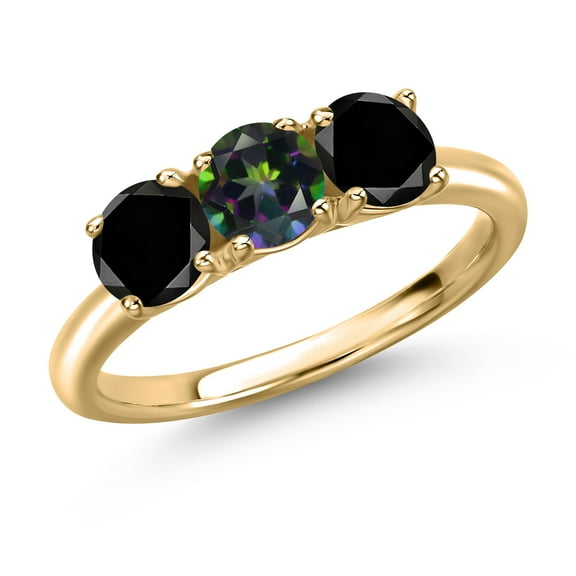 Gem Stone King 10K Yellow Gold Green Mystic Topaz and Black Diamond Engagement Ring for Women | 1.65 Cttw | Round 5MM | Gemstone November Birthstone | Size 6