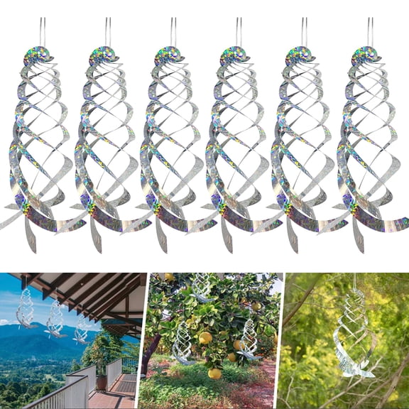 6 Pack Bird Scare Repellent Spiral Reflectors Hanging Device 15.8", IC ICLOVER Reflective Deterrent Garden Decorative Easy Installation & Birds Away Silver