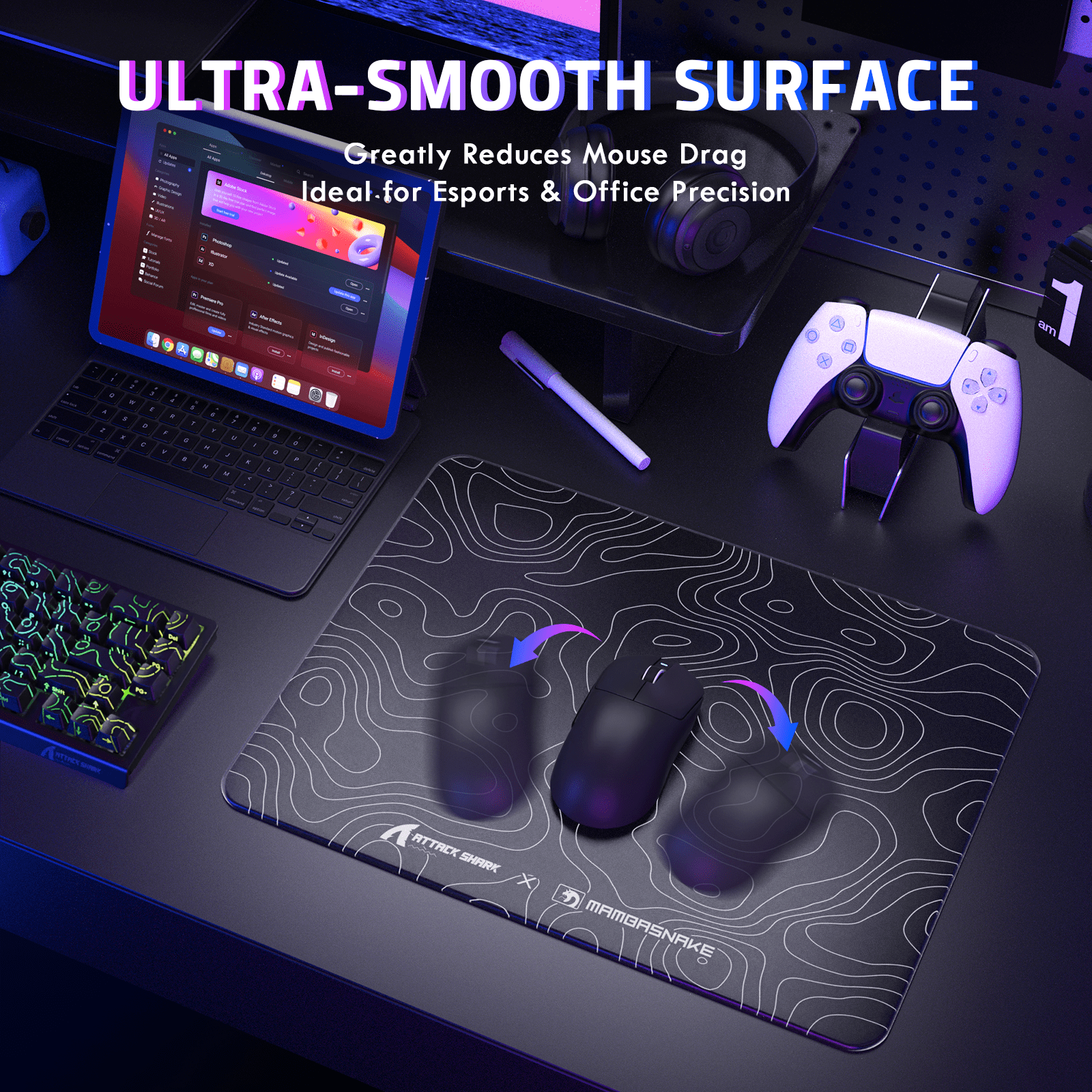 ATTACK SHARK CM05 SE Tempered Glass Mouse Pad, 16.1''×12.2'' Large Hard Gaming Mouse Pad, Nano-Etched Surface, 9H Anti-Scratch, Anti-Slip Base, Black Contours