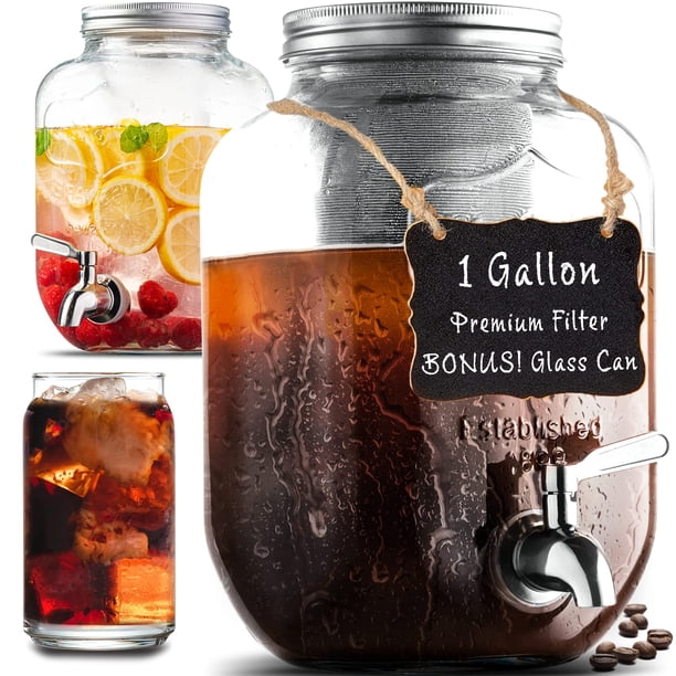 Cafetera fría de 1 galón - Filtro de malla fina de 3.ª generación - Espiga de acero inoxidable - Jarra dispensadora de bebidas en tarro de vidrio grande extra grueso, cafetera helada y jarra de té sol