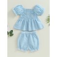 thumbnail image 4 of Wassery Infant Baby Girl Summer Outfit Stripe Short Puff Sleeve Ruched Dress Tops Elastic Waist Shorts 2Pcs 6M 9M 12M 18M 24M 3T Toddler Clothes Set, 4 of 9