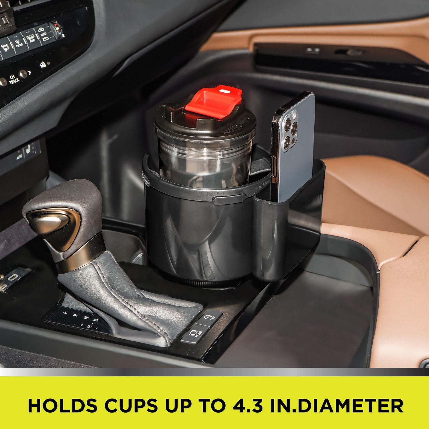 Auto Drive Cup Holder Fit Approx Diameter 4.3'' cups, with Phone Holder 1 Pack AD25C-15, 6.1'' * 6.34'', The cup holder with phone holder is universal fit on most car's console, the cup holder is in approx 4.25'' diameter, big enough to hold large water bottles and mugs, works with most popular brand of bottle which diameter up to 4.2", phone holder is universal fit for width less than 97mm.