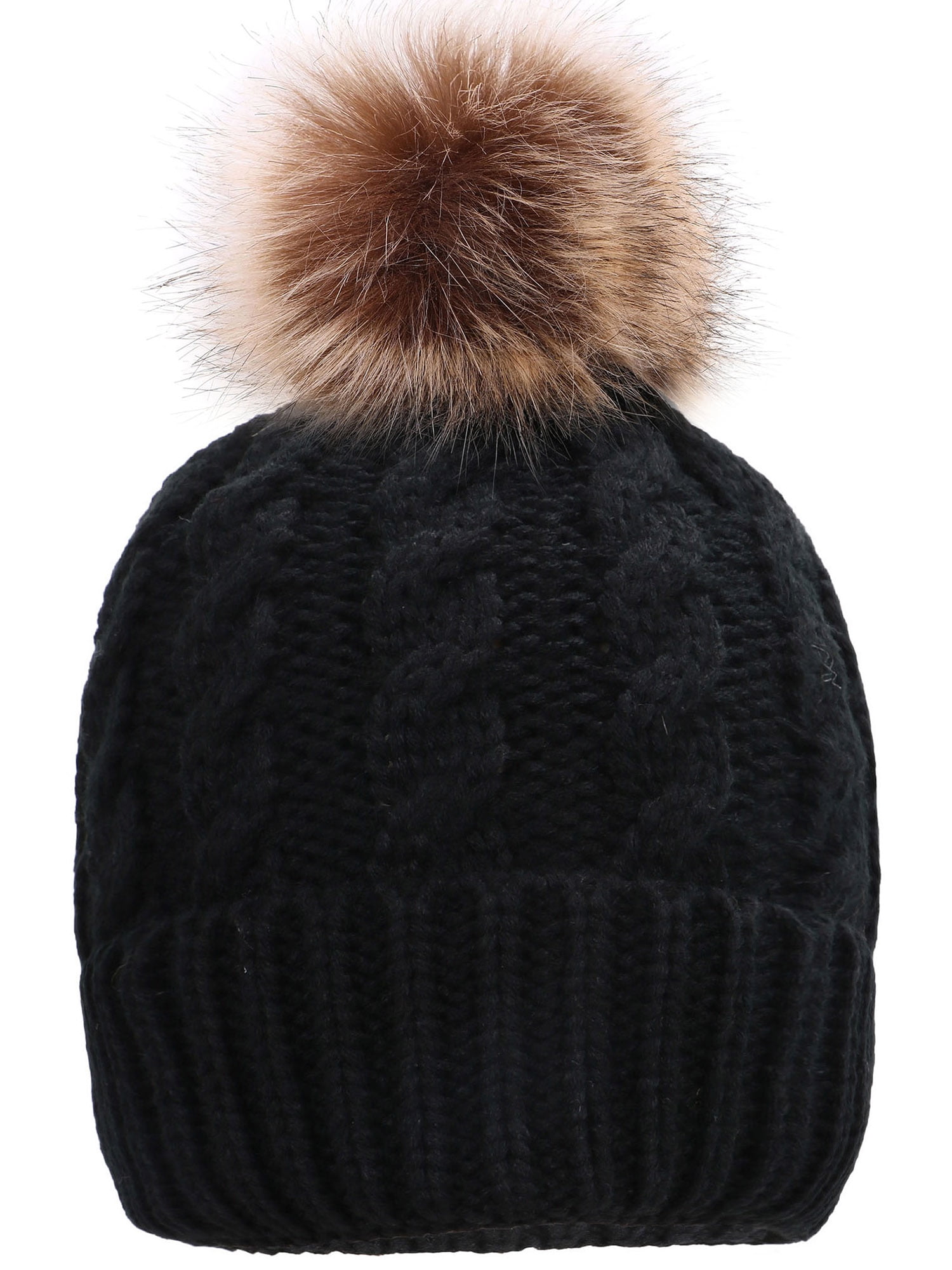 Soft Knit Beanie Hat with Faux Fur Pom 