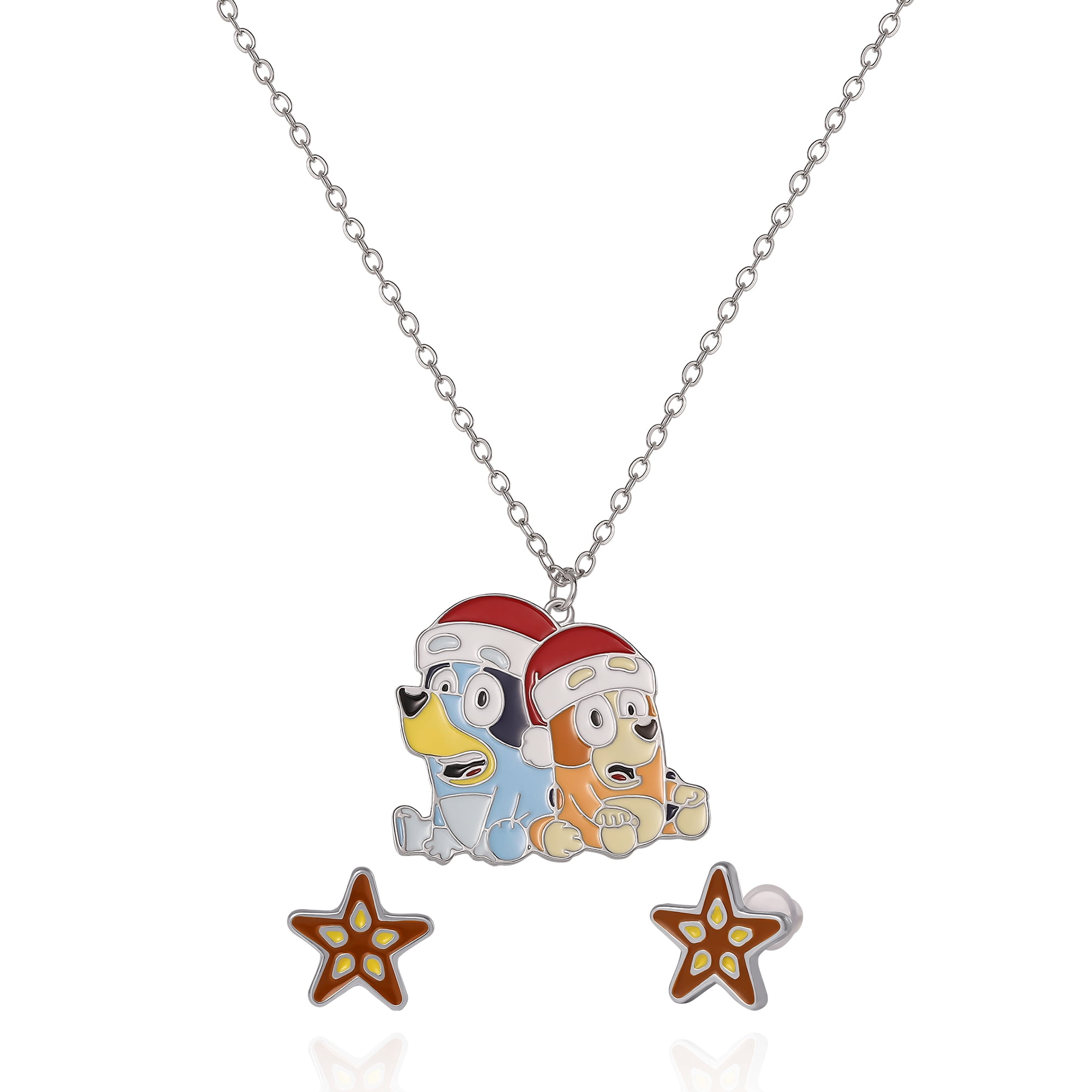 Bluey & Bingo Holiday Necklace & Star Stud Earrings Set - Festive Jewelry