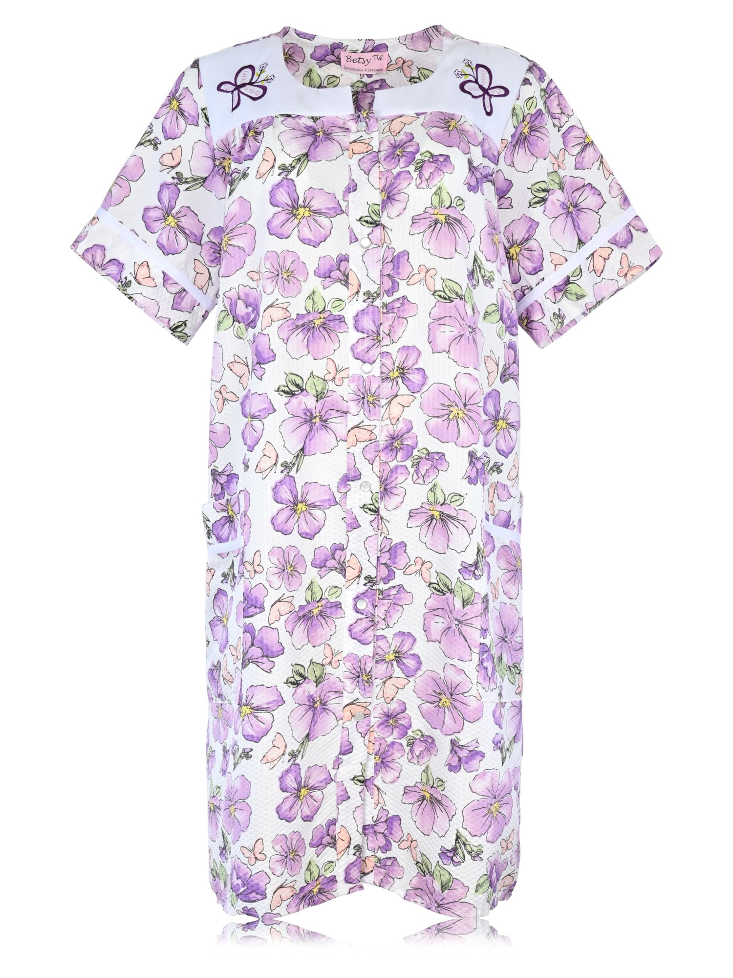 House Dresses for Women with Pockets - Lightweight Breathable Short Sleeve Muumuu & Nightgowns - Snap Front Housecoat and Dusters for Women