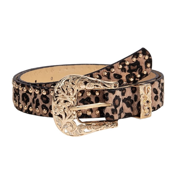 SWSMCLT Women's Faux Leather Belt Fashion Adjustable Belts Buckle Steampunk Riding Metal Buckle Studded Metal Brown Leopard X-Small-Medium