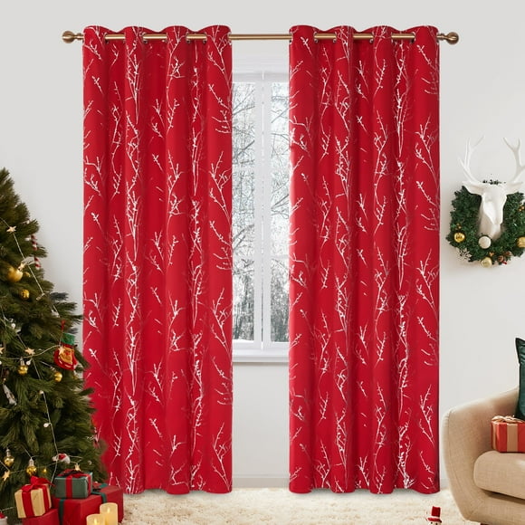 Deconovo Wedding Curtains for Decoration, 108 Inches Long Drapes with Tree Printed Pattern, Room Darkening Christmas Panels - 52W x 108L Inch, Red, Set of 2 Panels