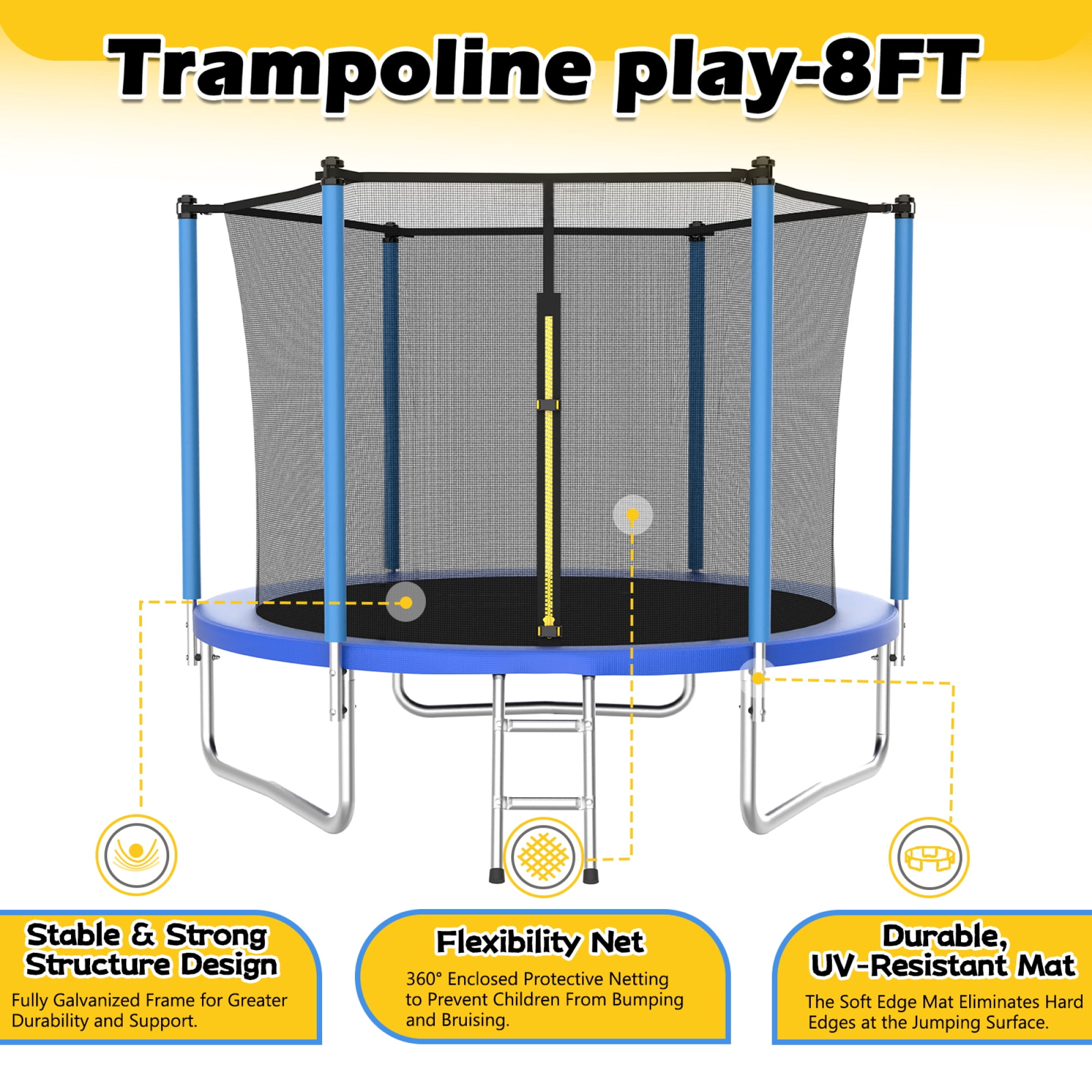 Leumius 8ft Trampoline for Kids,Outdoor Trampoline with Safety Enclosure Net and Ladder,Recreational Trampoline for Family Fun,Blue