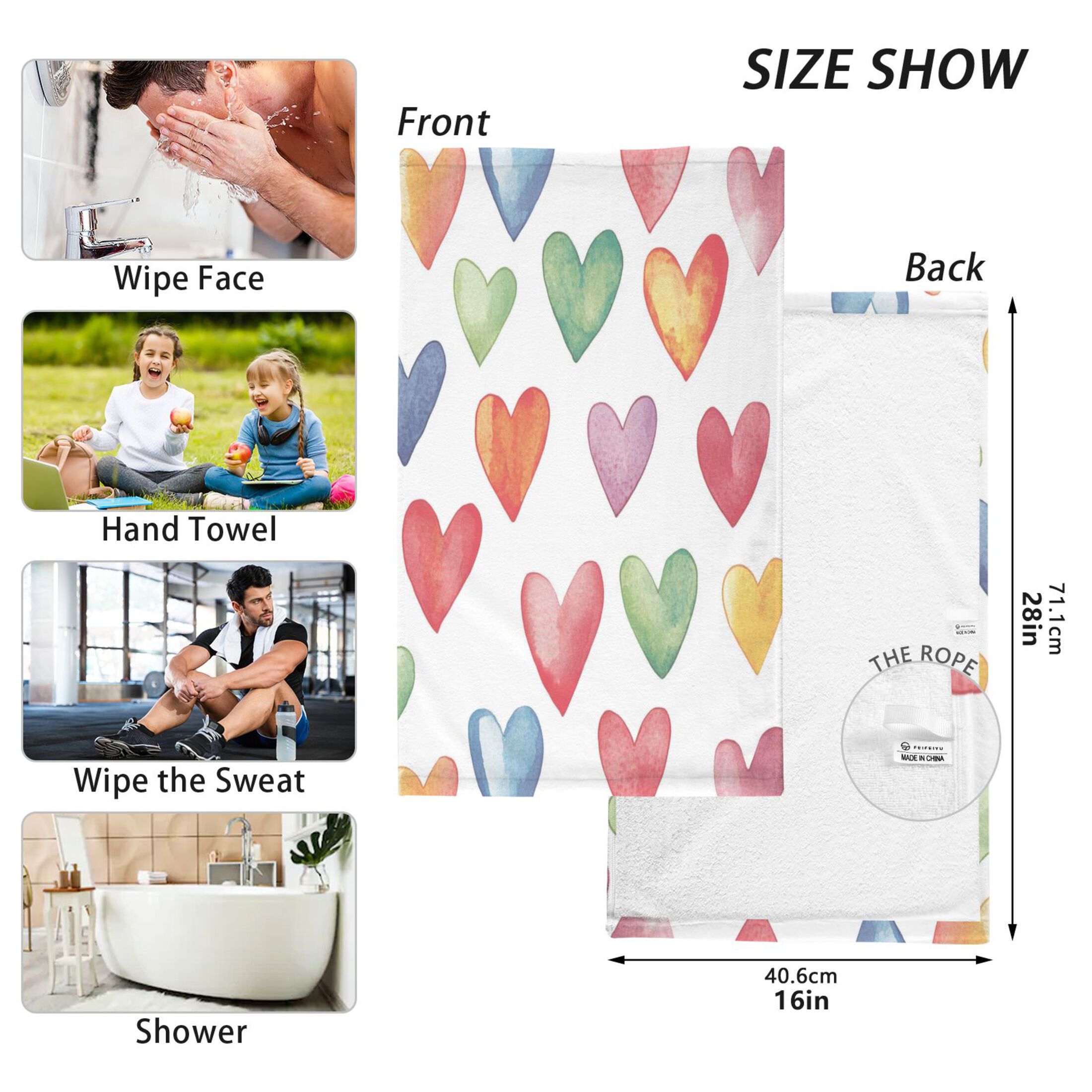 Cotton Towel Two-Piece 16x28 Inch One Sizex2 Face Towel Set Towel Set Cotton Hand Bath Towel Bathroom Beach Valentine's Day Cute Heart