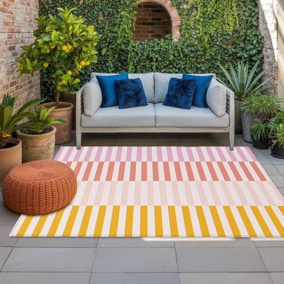 Outdoor Rug 3x5ft Ombre Pink Yellow Striped Texture Large Area Rug Abstract Lines Stitching Indoor Outdoor Carpet Outdoor Rugs Mats for Patio Camping,RV,Front Door, Outside Decor
