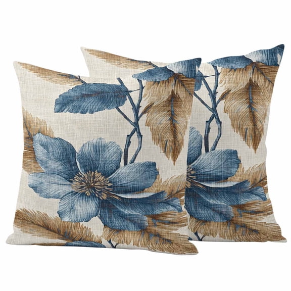 Blue Brown Botanical Outdoor Waterproof Pillow Covers, Flowers Vintage Summer Decorative Square Throw Pillowcase Sofa Cushion Sham for Patio/Couch/Chair, 20"x20" 2 Pack