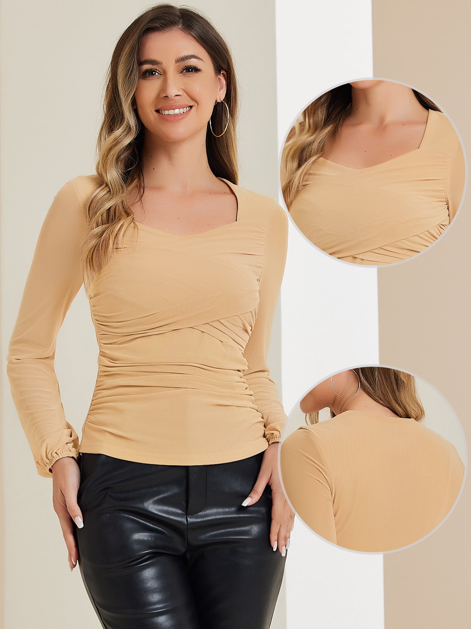 DARING DIVA Women's Long Sleeve Slim Fit Dressy Casual Wrap Tops L Apricot