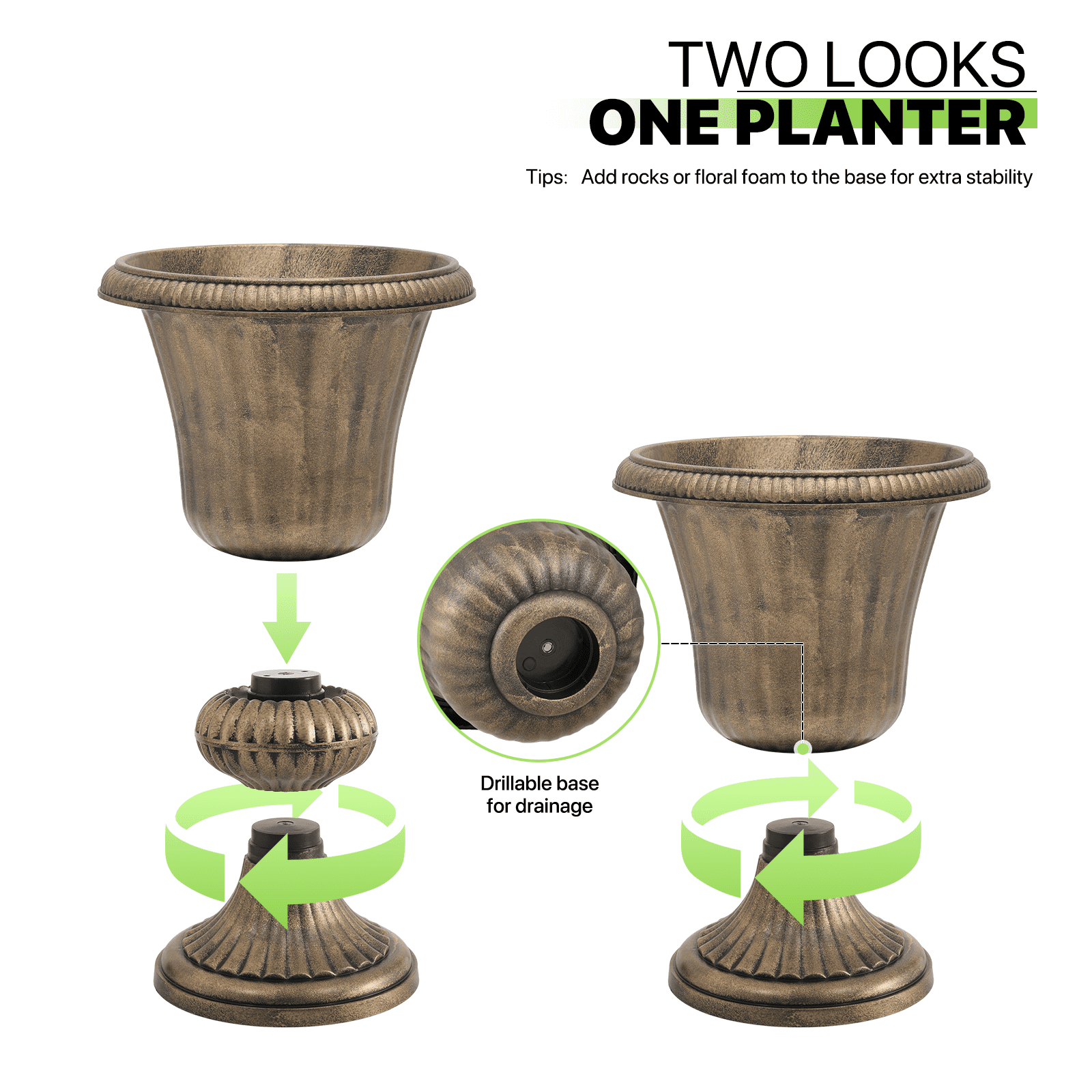 Magshion 20" Urn Planters 2-Pack, Weatherproof Tall Plastic Flower Pots for Indoor/Outdoor Garden Patio Porch Entryway Decor, Bronze