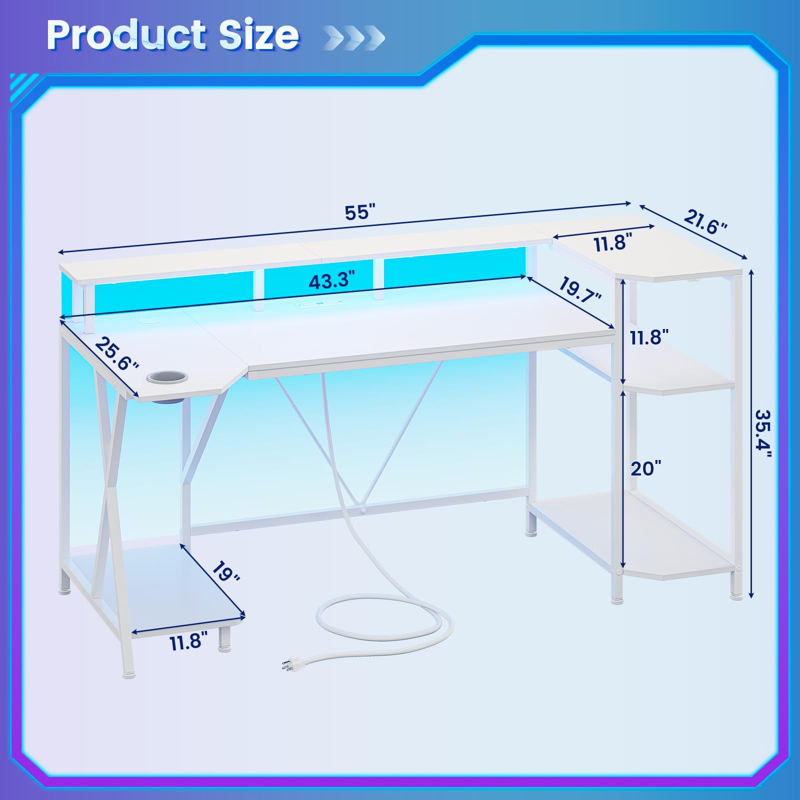 White 55" Gaming Desk with Monitor Stand, Computer Desk with LED Lights and Storage Shelves, Power Outlets and Cup Holder, Large PC Gaming Table for Bedroom Living Room