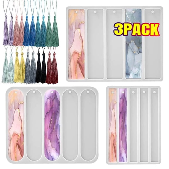 3 Bookmarks Silicone Mold, Small Medium Rectangle Bookmark Resin Mold Kit with 20 Pcs Tassels for DIY Epoxy Resin Casting Crafts Making Supplies