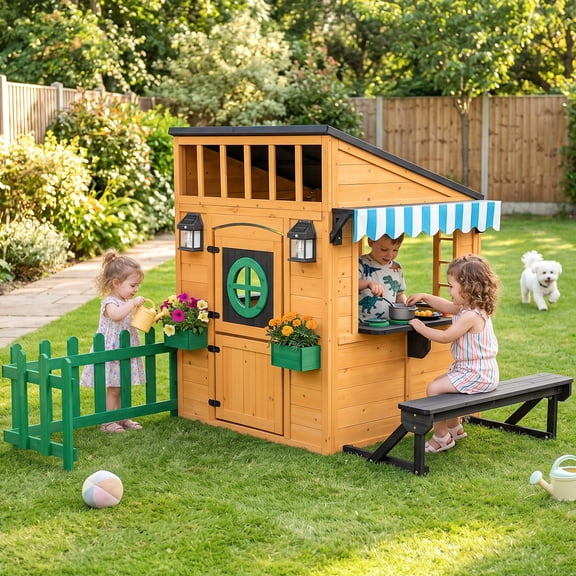 Ktaxon Outdoor Wooden Playhouse for Kids with Solar Lights, 61-Piece Pretend Kitchen Set, Golden Brown & Green