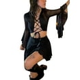 thumbnail image 3 of Franhais Women Fashion Crop Tops Front Cross Tie-Up Mesh See-Through Flare Long Sleeve T-Shirts, 3 of 9