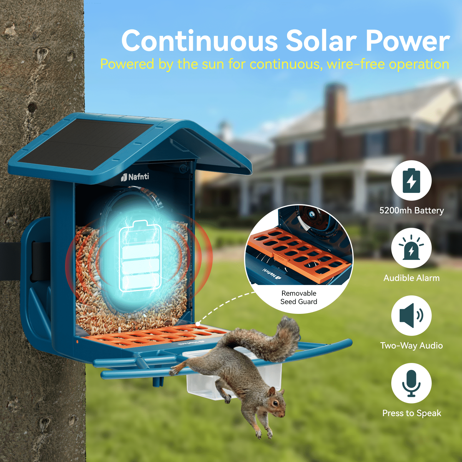 Nafnti Smart Bird Feeder with Camera, 2K HD Bird Camera Solar Powered, 5GHz/2.4GHz, 10000+ AI Bird Identification & Instant Alerts, IP65 Waterproof, Gift for Bird Lovers, Blue