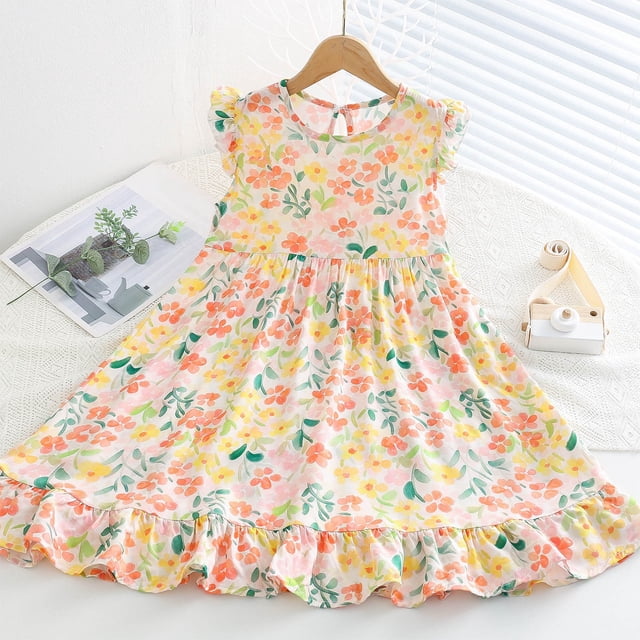 LOVZFMLL Girls' Summer Solid Color Short Sleeve Round-Neck Mesh Princess Dress For Kids