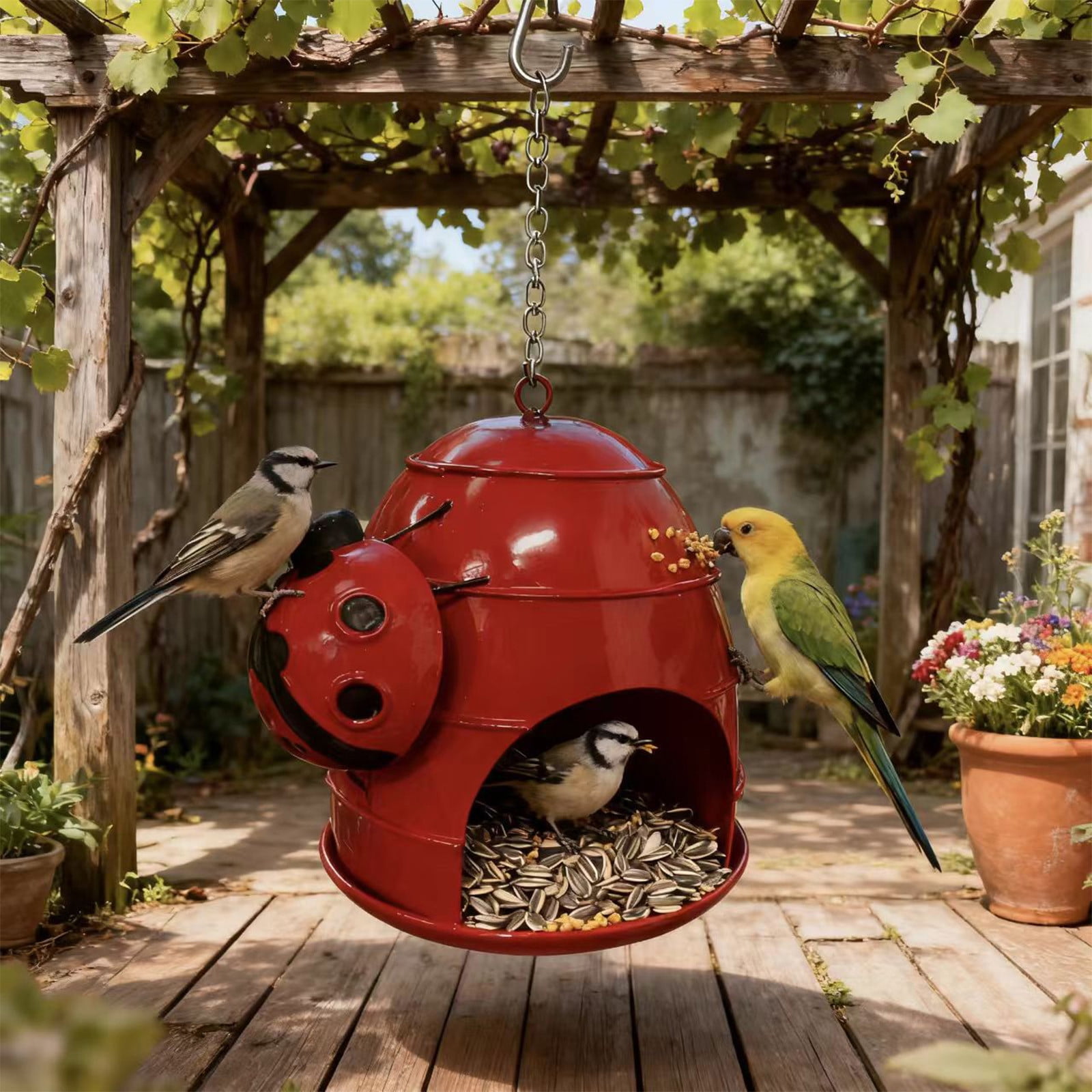 SCNOR Ladybug Design Hanging Bird Feeder Outdoor, Metal Decorative Bird Feeder with Removable Tray & Drainage Mesh for Garden Patio Balcony