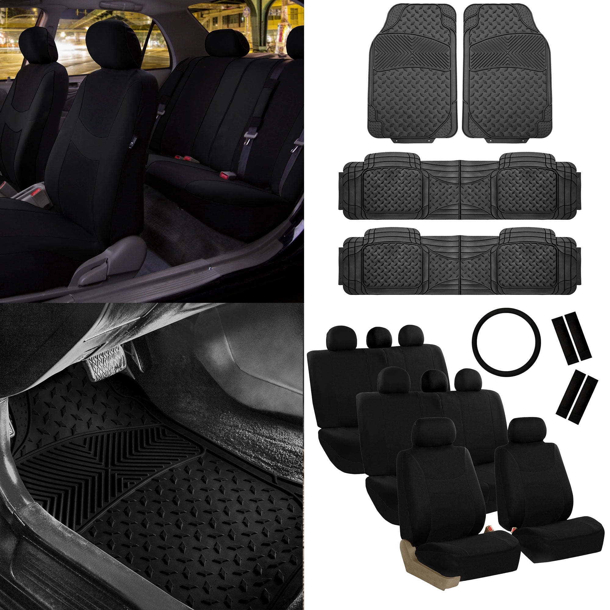 FH Group, 3 Row 8 Seater Black Seat Covers Set w/ Steering / Belt Cover / Black Floor Mats
