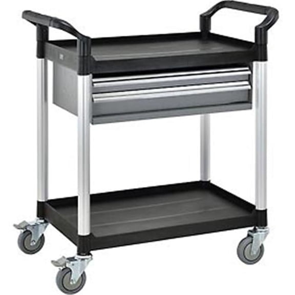 2 Shelf Utility Cart with Two Drawers, 440 lbs - Black & Silver