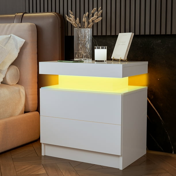 Cubehom LED Nightstand, End Side Table with 2 Drawers and LED Lights