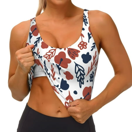 Qokaie Red Blue Leaves Pattern Womens Scoop Neck Sports Bra Breathable Workout Vest Padded U Back Medium Impact Fitness Gym Yoga Bra Workout Crop Top