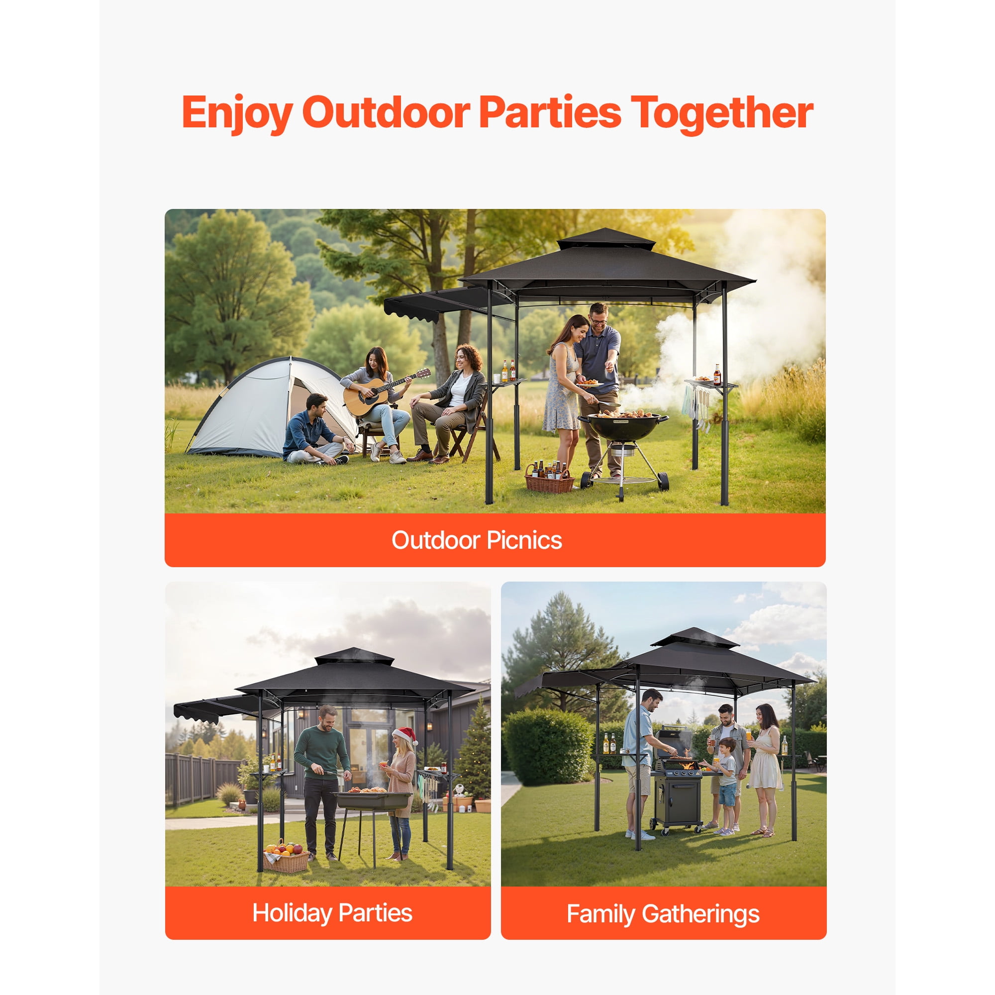 KFFKFF Grill Gazebo, 8 x 5 ft with Dual-Layer Roof, Sturdy BBQ Shelter Featuring Extended Awning, Steel Frame with Side Shelves & Hooks, Outdoor Canopy for Patio or Garden Cooking