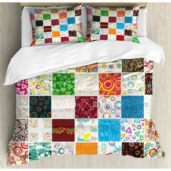 Retro Duvet Cover Set, Big Patchwork of Different Patterns Traditional Classical Old Fashioned, Decorative 3 Piece Bedding Set with 2 Pillow Shams, Calking Size, Multicolor, by Ambesonne