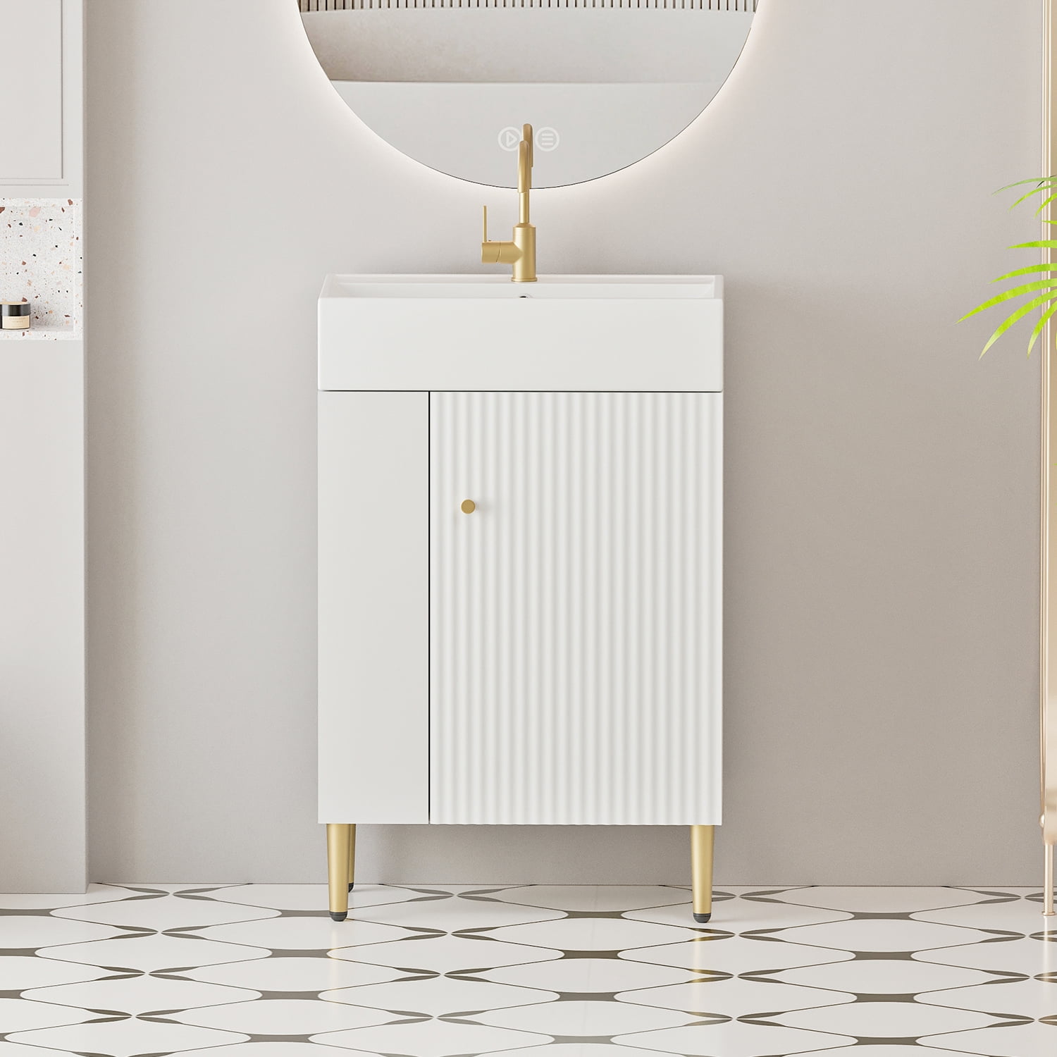 Demi Bonn 21" Bathroom Vanity with Ceramic Sink and Soft-Closing Door, Cloakroom Open Shelf Storage Cabinet on the Left Side, Faucets and Drains Not Included, White